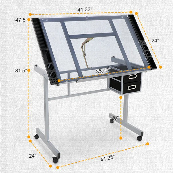 Adjustable Drafting Table on Wheels Glass Tabletop Drawing Desk with Storage Drawer