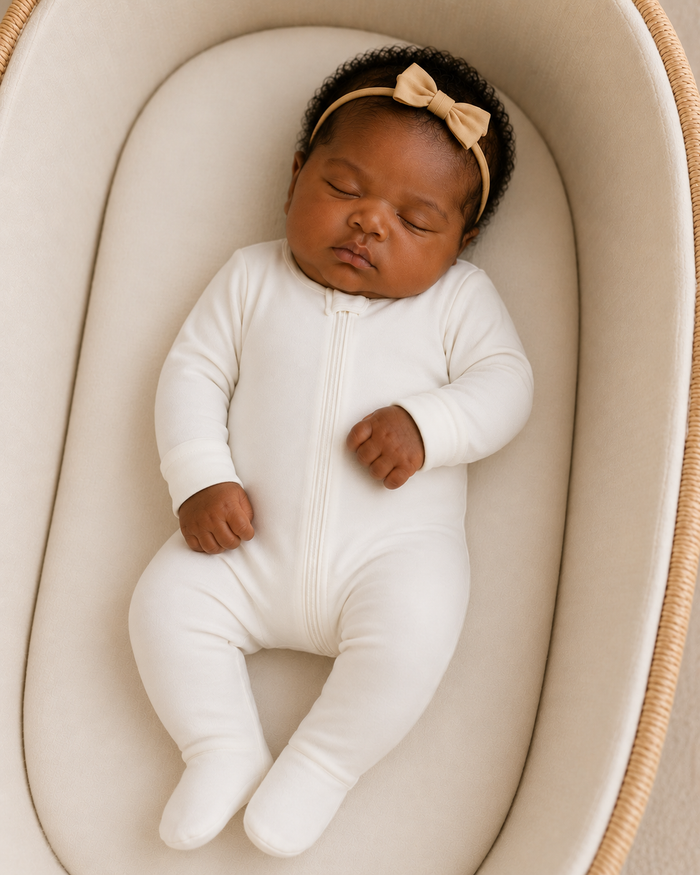 Baby sleeping in a white crib with a beige bow headband
