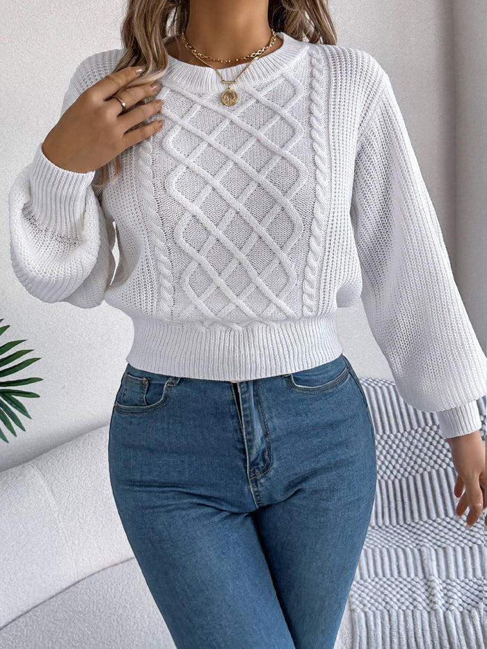 Cable Knit Pullover Sweater with Lantern Sleeves