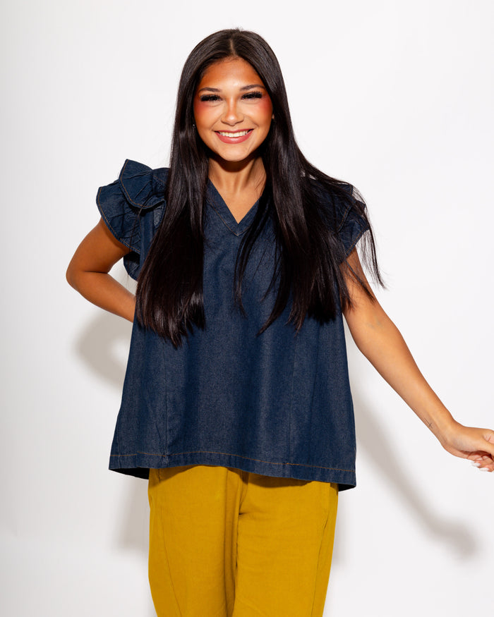 Chambray Ruffle Sleeve V-Neck Top