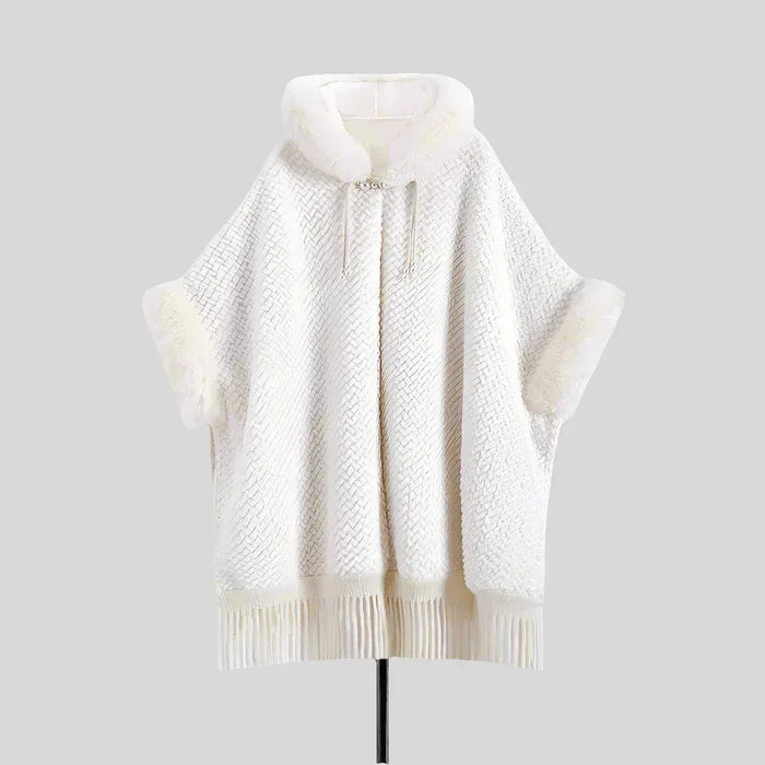 Elegant White Buckle Hooded Hanfu Shawl Cloak with Twill Rabbit Fur and Tassel Details - Allen-Fitness