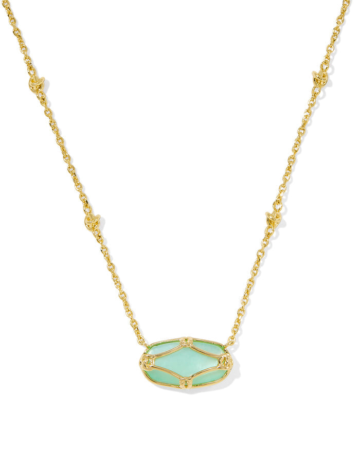 Elisa Lattice Frame Short Pendant Necklace in Gold Light Green Mother of Pearl