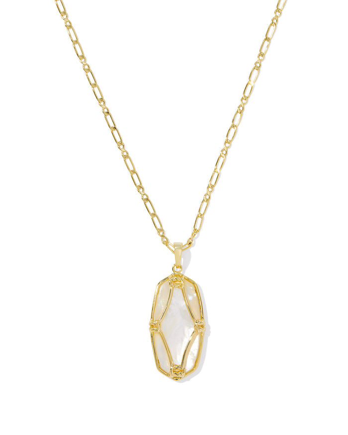 Elle Lattice Frame Long Necklace in Gold Ivory Mother of Pearl