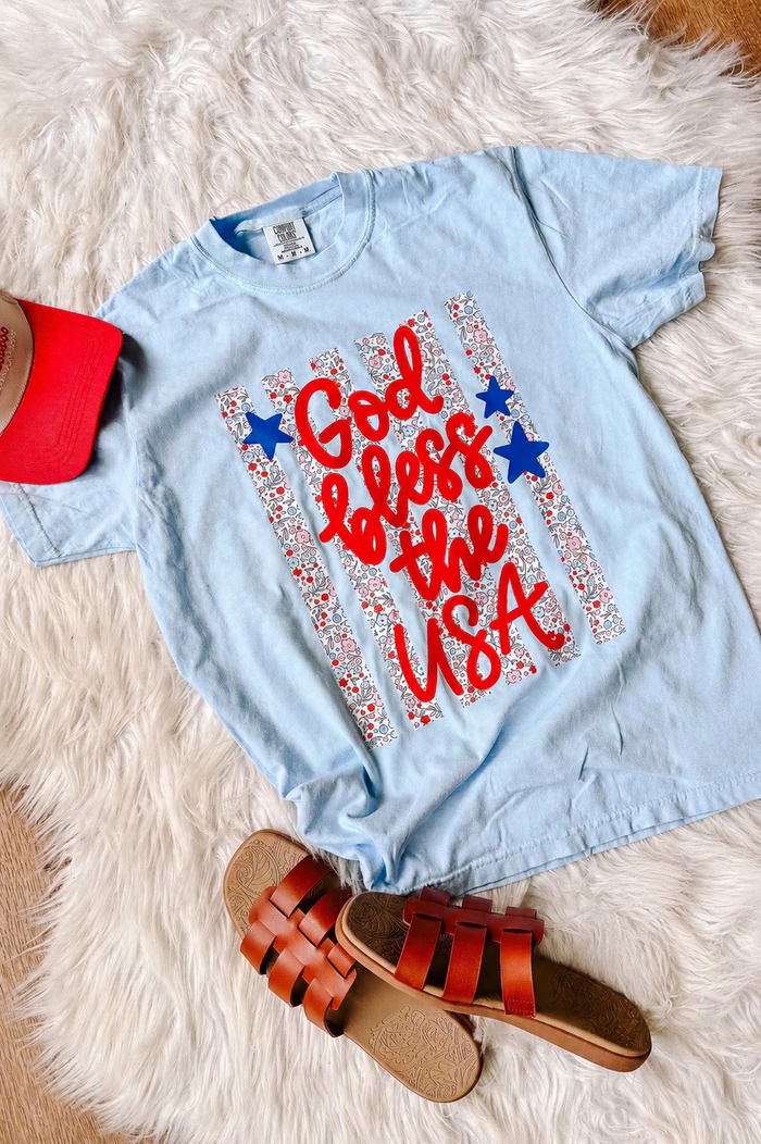 Floral Stripes God Bless the USA Graphic Tee - Hydrangea