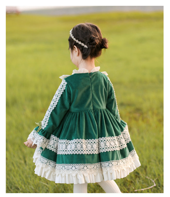 Girls Lolita Dress for Kids Emerald Green Lace Frilled Neck Long Sleeves Velvet with Bow(s)