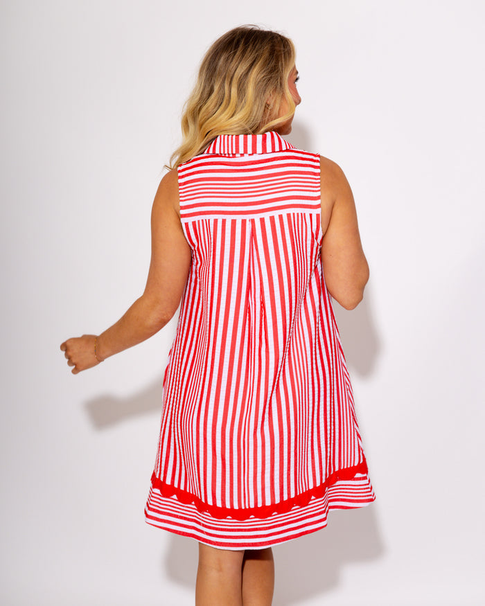 Gridiron Glam Sleeveless Stripe Dress in Orange Red