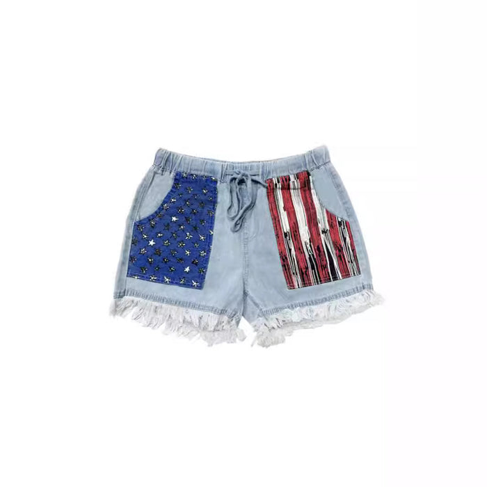 High waisted drawstring fringed denim shorts for women