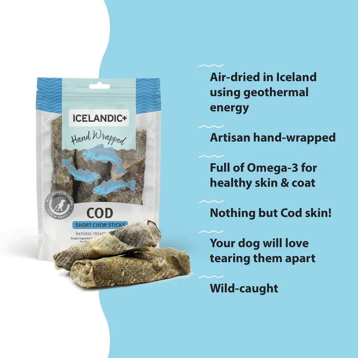 Icelandic+ Hand Wrapped Cod Skin Short Chew Stick Dog Treats