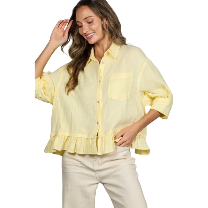 Lemon Drop Ruffle Button Top