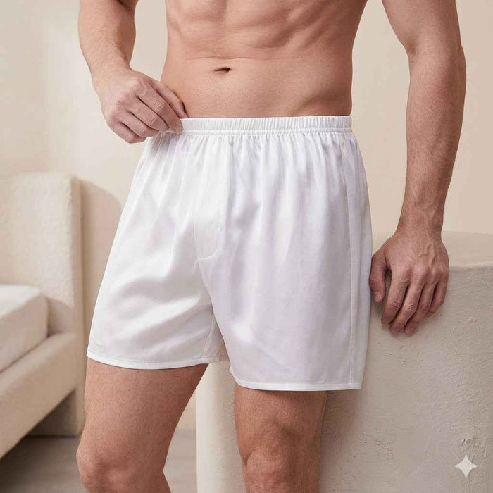 Men's 100% Mulberry Silk Boxer Shorts – Breathable Mid-Waist Elastic Sleepwear