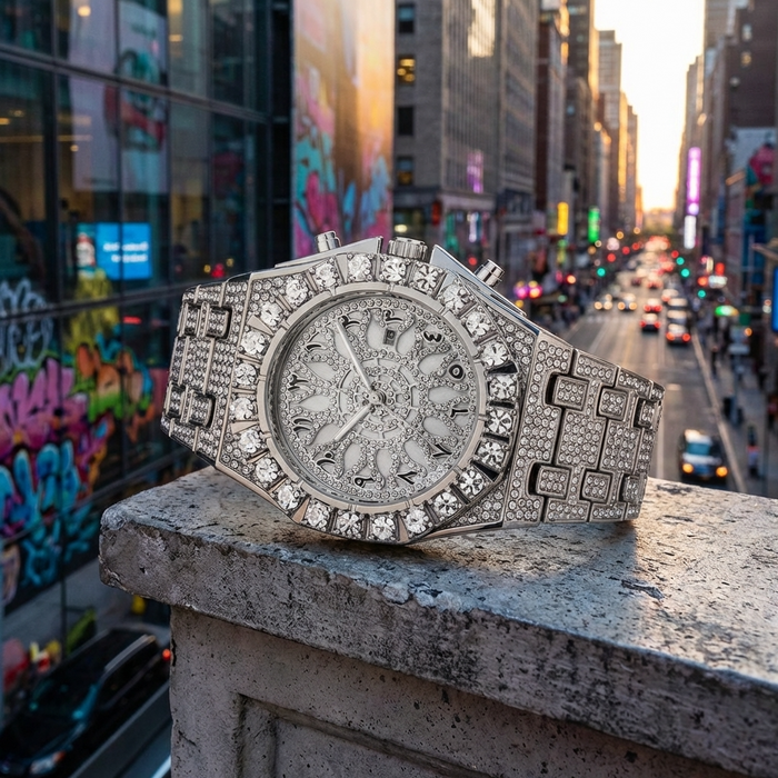 Men's Full Diamond Watch – Hip-Hop Arabic Numeral Quartz 43mm Luxury Waterproof Timepiece