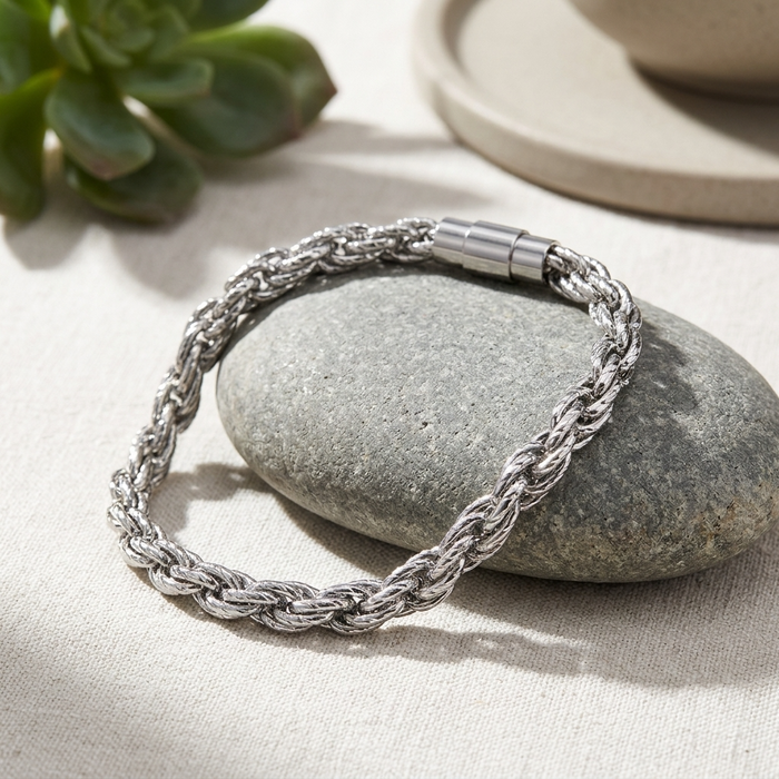Men's Geometric Stainless Steel Bracelet – Mobius-Inspired Magnetic Clasp Hip-Hop Silver Bangle