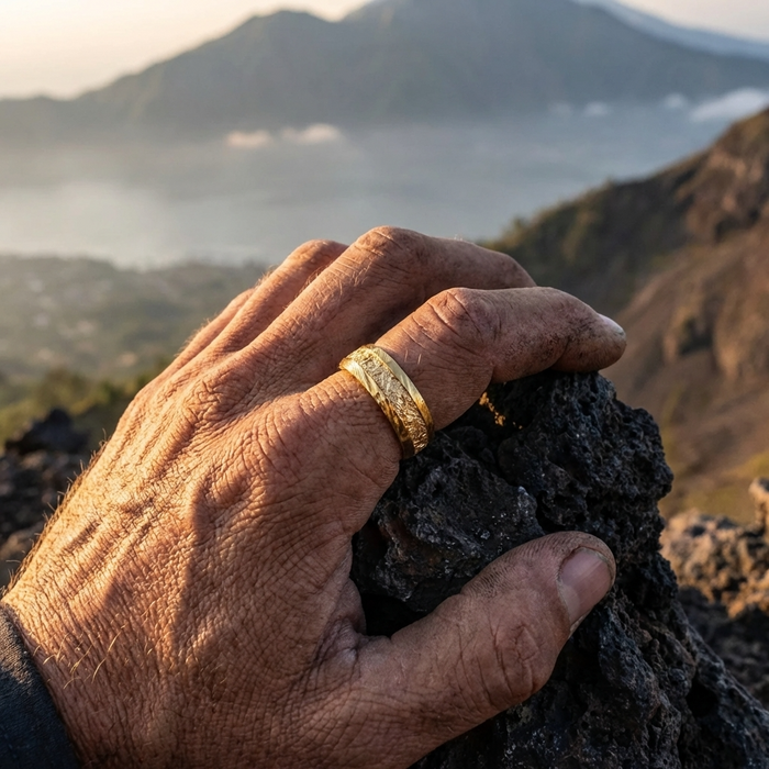 Men's Gold Foil Damascus Steel Ring – Gold-Plated Minimalist Wedding Band with Wavy Pattern Inlay