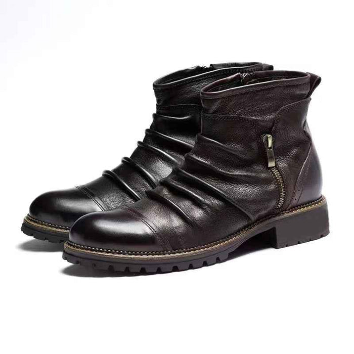 Men's Motorcycle Boots – Reinforced PU Leather, Anti-Slip Rubber Sole, Side Zipper & Buckles, Mid-Calf 30cm