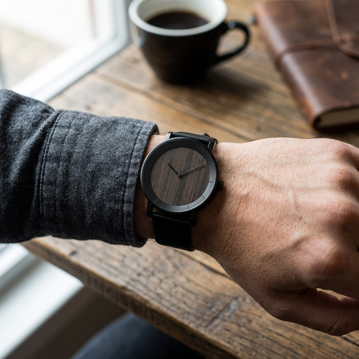 Men's Natural Wood Quartz Watch – Walnut, Fir, Maple & Poplar Wood with Leather or Wood Strap, 3ATM, Gift Box