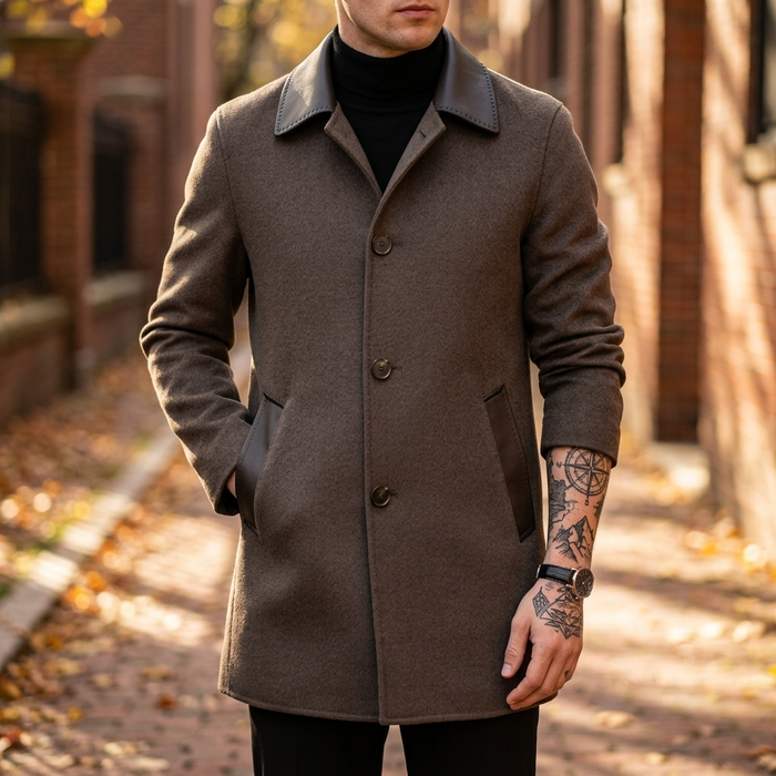 Men's Wool Double-Faced Trench Coat - Single-Breasted Lapel Overcoat