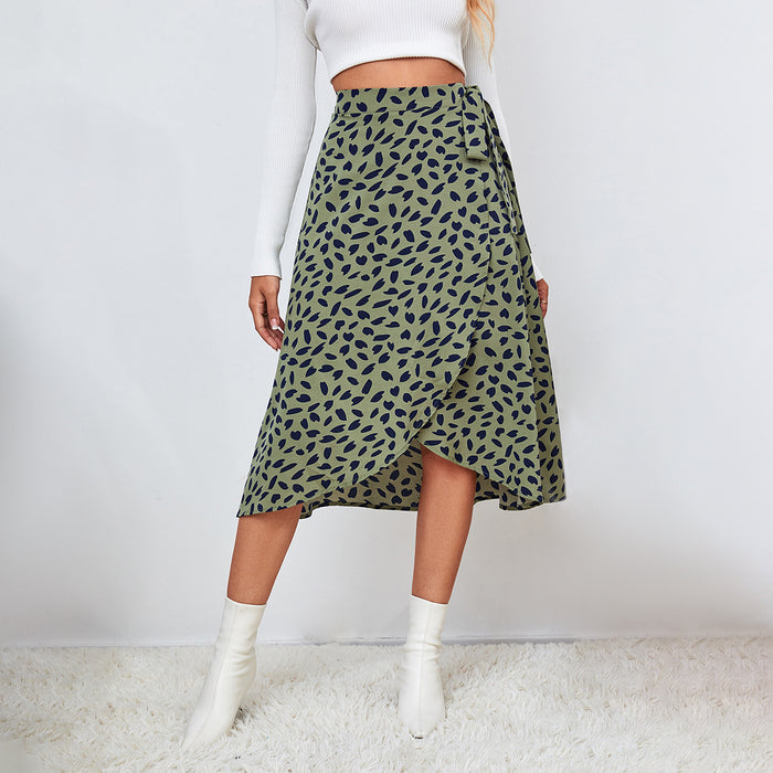Polka-dot Print Split A-line Tea-length Skirt