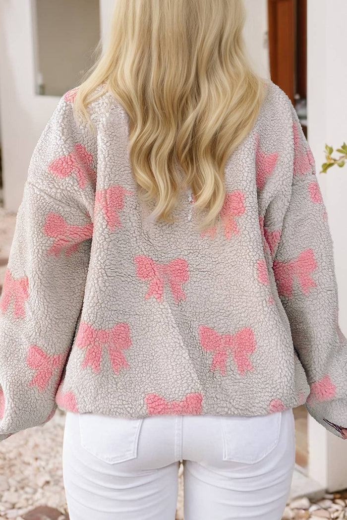 Quarter Zip Drop Shoulder Bow Sherpa Baggy Sweatshirt