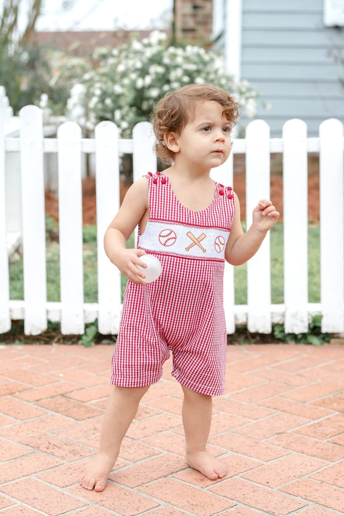 Red Gingham Baseball Smocked Shortalls - Lil Cactus