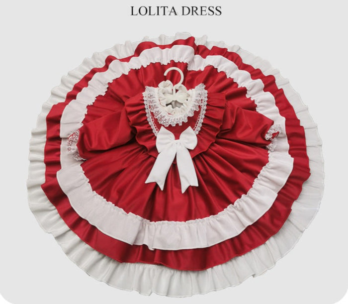 Renaissance Red Christmas Long Sleeves Frilled Velvet with Lace Bow(s) Girls Lolita Dress