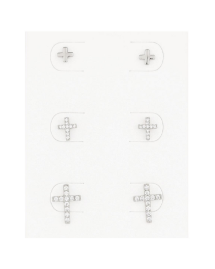 Rhinestone Cross 3-Piece Assorted Earring Set in Silver