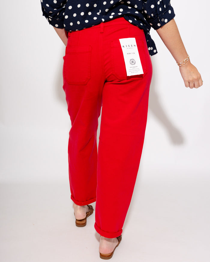 Risen | High Rise Ankle Barrel Pants in Scarlett