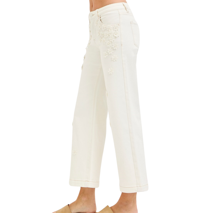 Risen: Mid Rise Crop Wide Flower Detail Pants