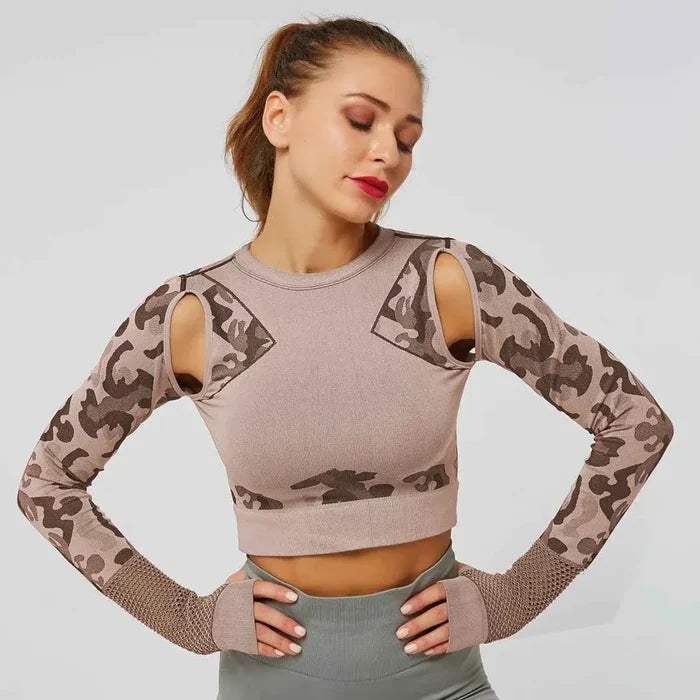 Summer Long Sleeve Crop Top Women Fitness Gym Yoga Sports Camouflage Seamless Breathable Yoga Top - Allen-Fitness