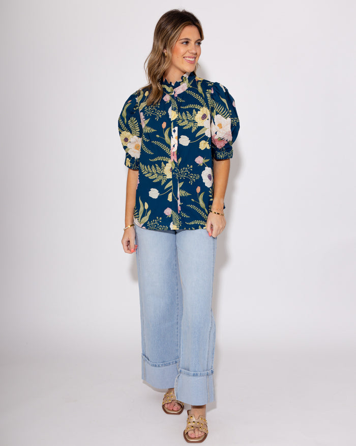 Teal Multi Floral Print Ruffle Button Up Top