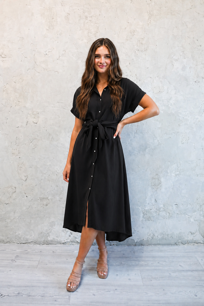 The Blythe Button Down Shirt Midi Dress in Black