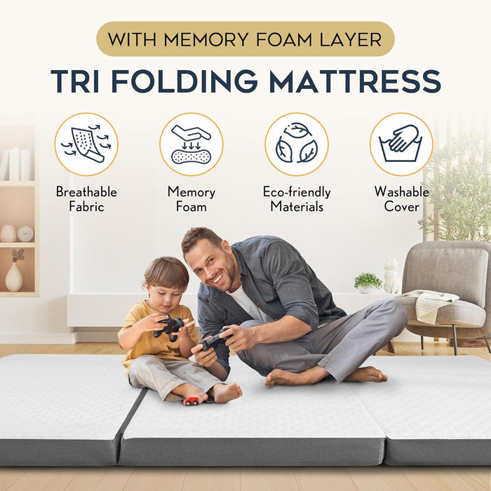 Tri-Fold Queen Memory Foam Mattress – Foldable Guest Bed with Washable Cover