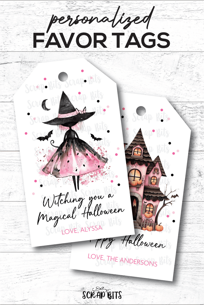 Whimsical Pink Witch & Haunted House Halloween Tag Set - Scrap Bits