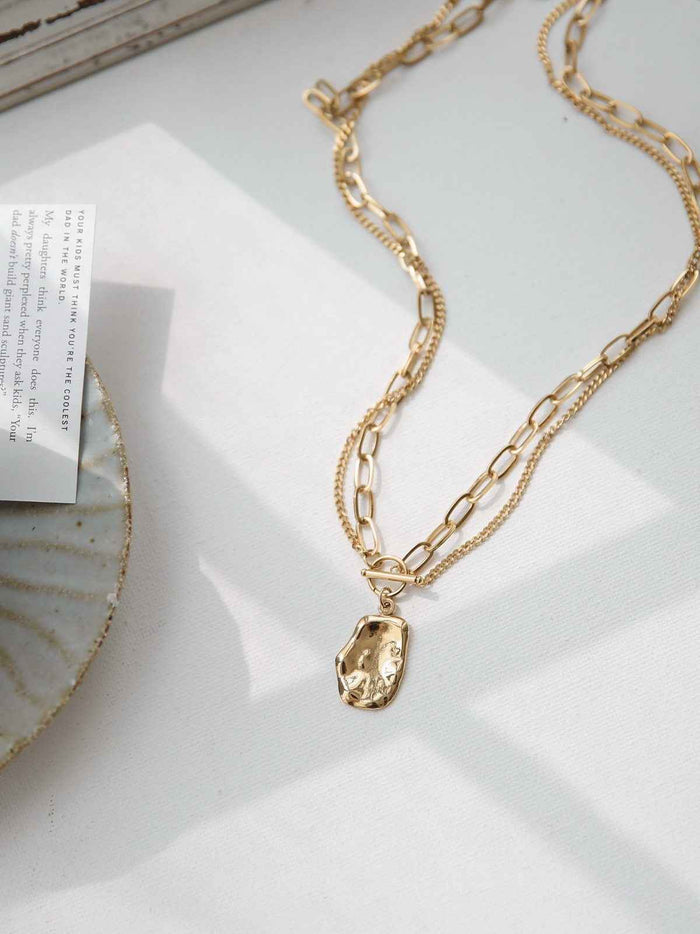 Women Double Layer OT Buckle Titanium Steel Necklace – Irregular Oval Pendant Minimalist Silver Ball Chain