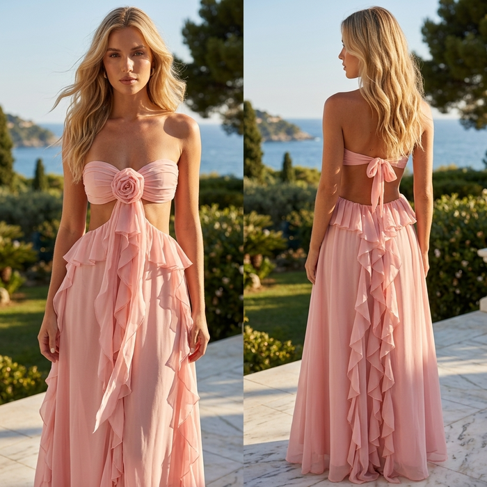 Women's Chiffon Ruffled Strapless Maxi Dress