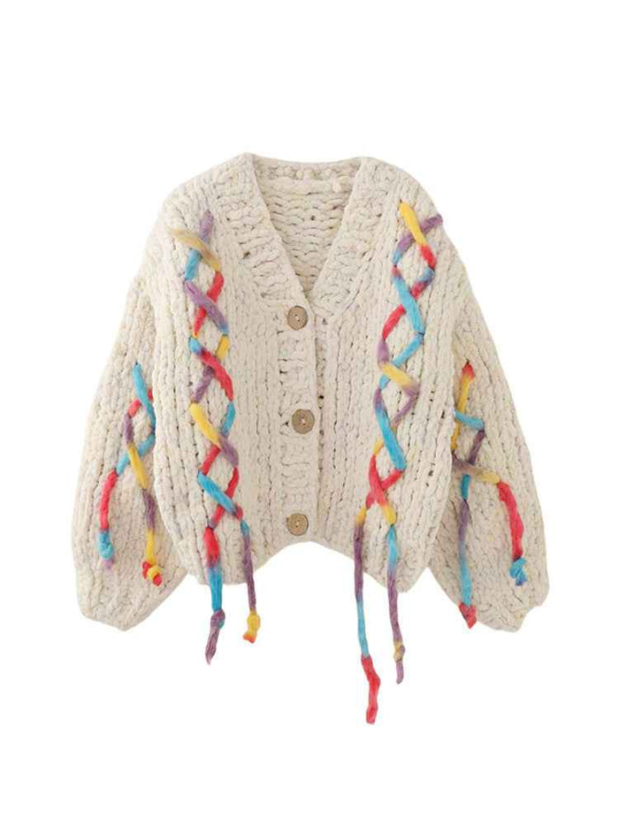 Women's Chunky Knit Cardigan — Hand-Knitted V-Neck Relaxed Fit Sweater