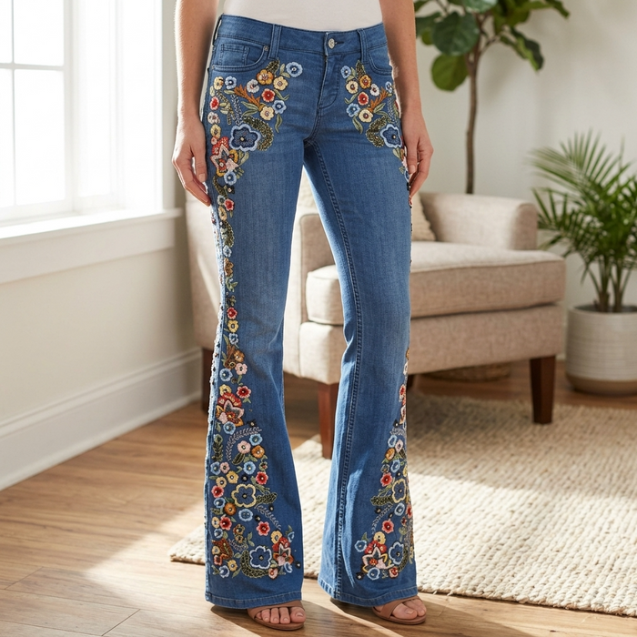 Women's Embroidered Flared Denim Jeans – Mid-Waist Micro-Flare