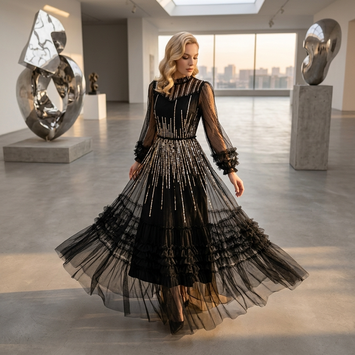 Women's Embroidered Sequin Mesh Dress – Long Sleeve High-Waist Ruffle Cake Skirt