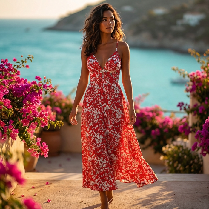 Women's Floral Backless Summer Dress – Strap A-Line Midi Dress with V-Neck, Adjustable Tie-Up & Lightweight Elegant Design