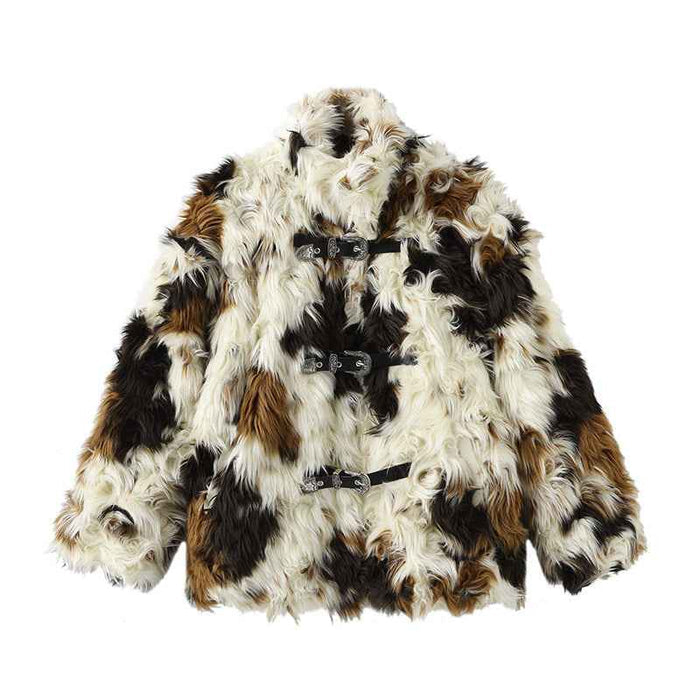 Women's Floral Faux Fur Coat – Eco-Friendly Plush Lapel Winter Jacket, Short or Long, S–L