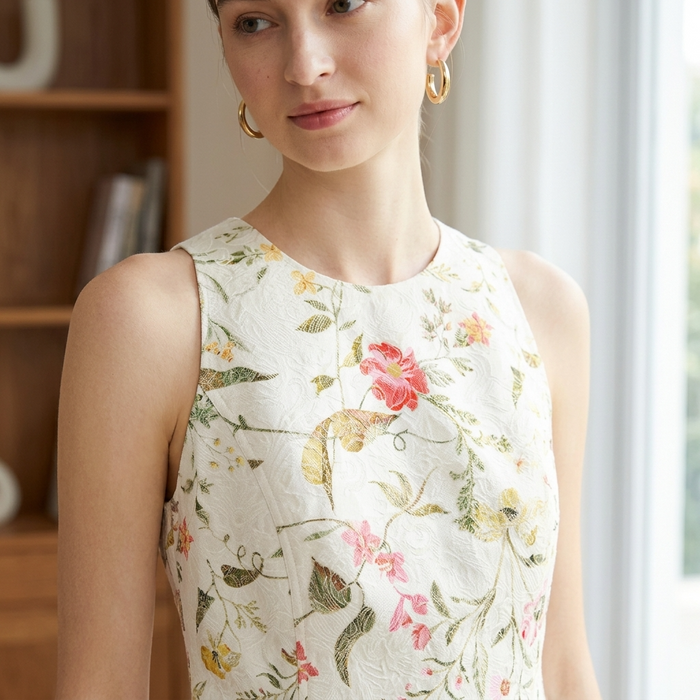 Women's French Jacquard A-Line Dress – Sleeveless High-Waist Business Midi