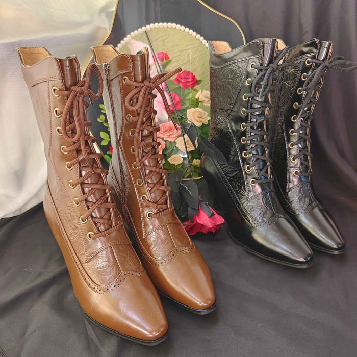 Women’s Genuine Sheepskin Mid-Calf Boots – Vintage Lace-Up with Carved Special-Shaped Heel