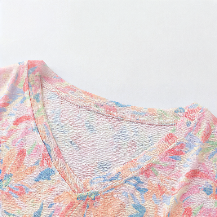 Women's Mulberry Silk Floral Blouse – V-Neck Short Sleeve