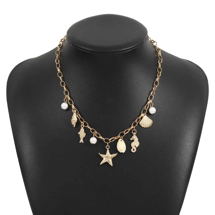 Women's Ocean Pearl Tassel Necklace – Starfish and Shell Beach-Inspired Pendant