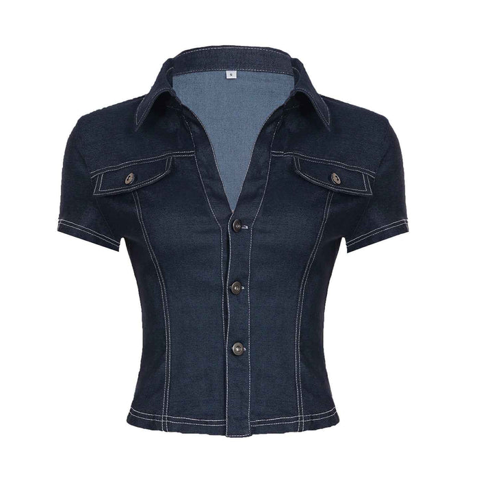 Women's Slim-Fit Asymmetrical Denim Cowboy Shirt – Short Sleeve, Dark Blue, Sizes S–L