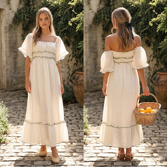 Women's Solid Color A-Line Mid-Length Dress – High Waist Lotus Leaf Sleeve U-Neck