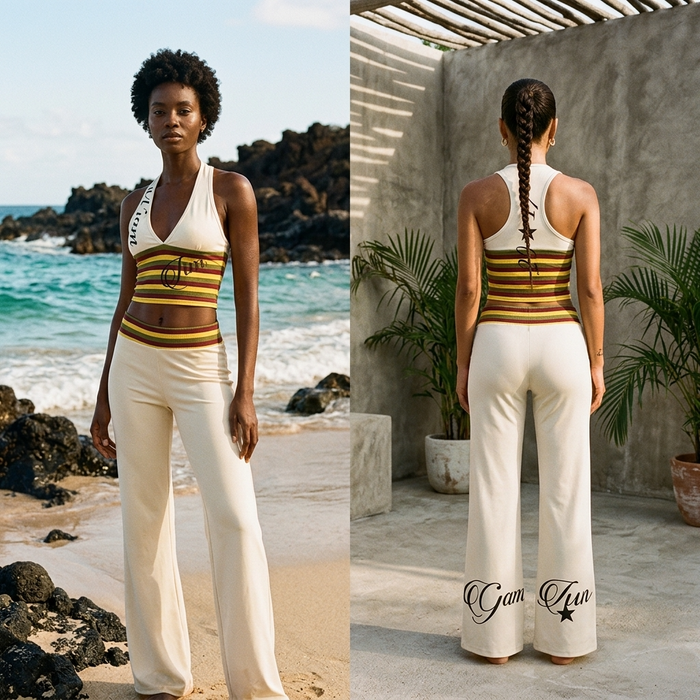 Women's Striped Crop Top & Flared Wide-Leg Pants Set