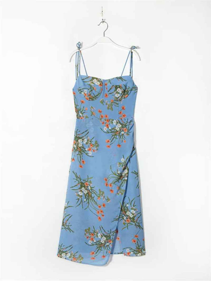 Women's Violet Print Suspender Long Dress – Flowing Viscose with Cotton Lining