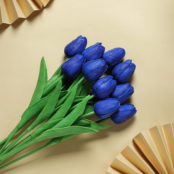 10 Pack | 13 inch Royal Blue Single Stem Real Touch Tulips Artificial Flowers Bouquet, Foam Wedding Flowers