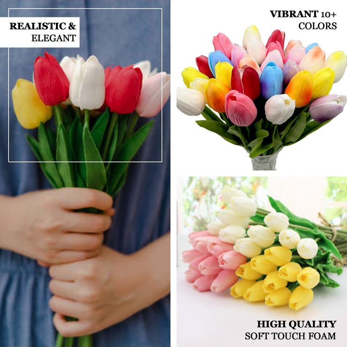 10 Pack | 13" White Single Stem Real Touch Tulips Artificial Flowers Bouquet, Foam Wedding Flowers