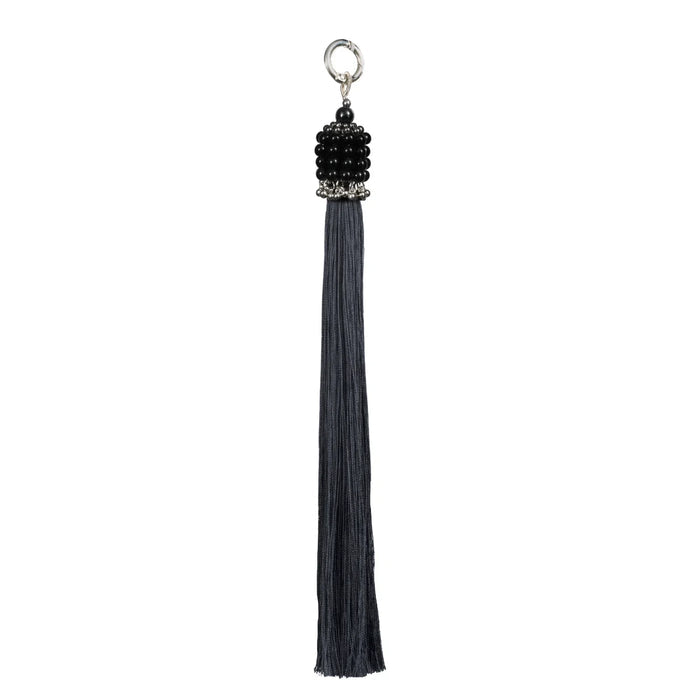 handcrafted beaded cap polyester tassel in jet black with black threads from object and dawh ghost image